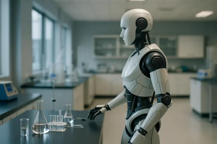 Warp Sciences : l’ex-responsable scientifique d’OpenAI lève 215 millions de dollars pour automatiser les laboratoires Illustration : robot humanoïde générique manipulant de la verrerie de laboratoire, en lien avec l'automatisation des opérations expérimentales pharmaceutiques