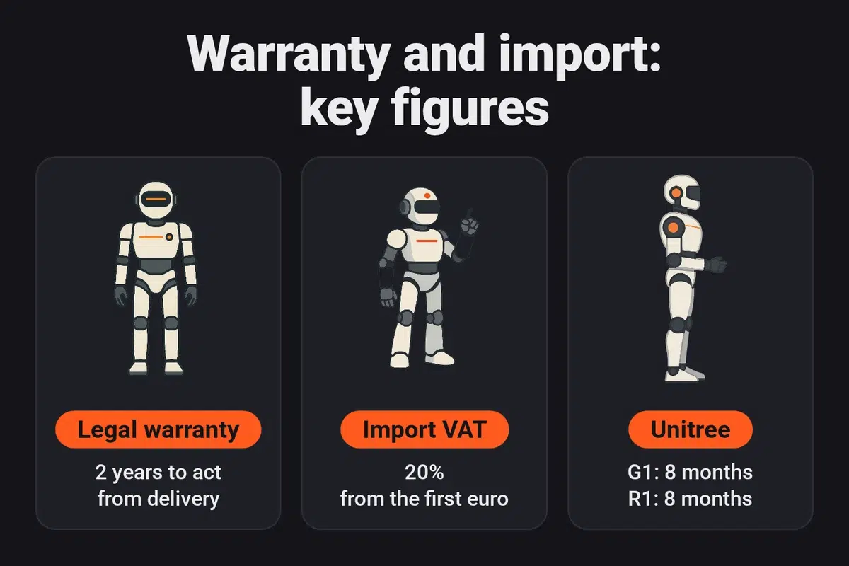2-year statutory conformity warranty, 20% VAT due from the first euro on import, Unitree warranties announced at 8 months for the G1 and the R1